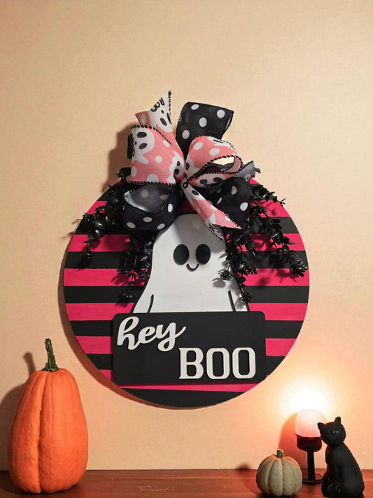 Hey Boo Halloween Door Hanger – 14” Wooden Ghost Sign