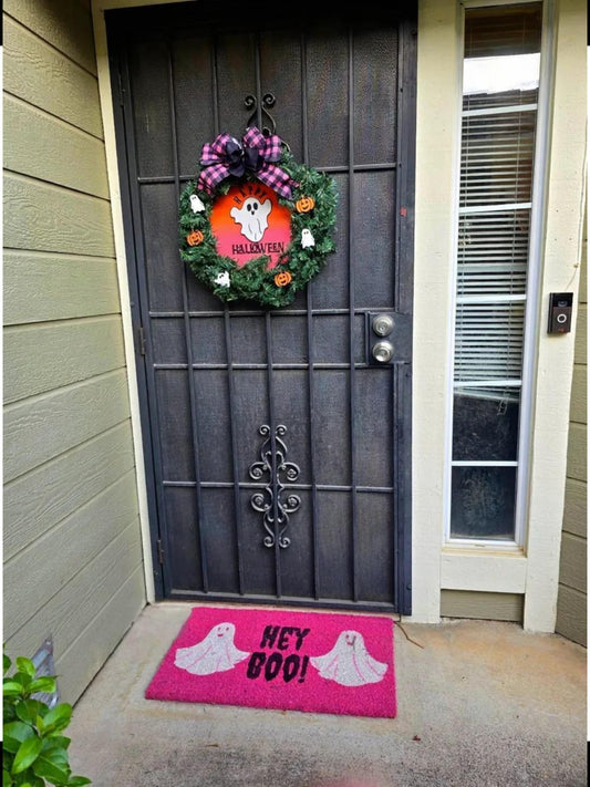20" Halloween Wreath with Ghosts, Pumpkins, and Buffalo Plaid Bow