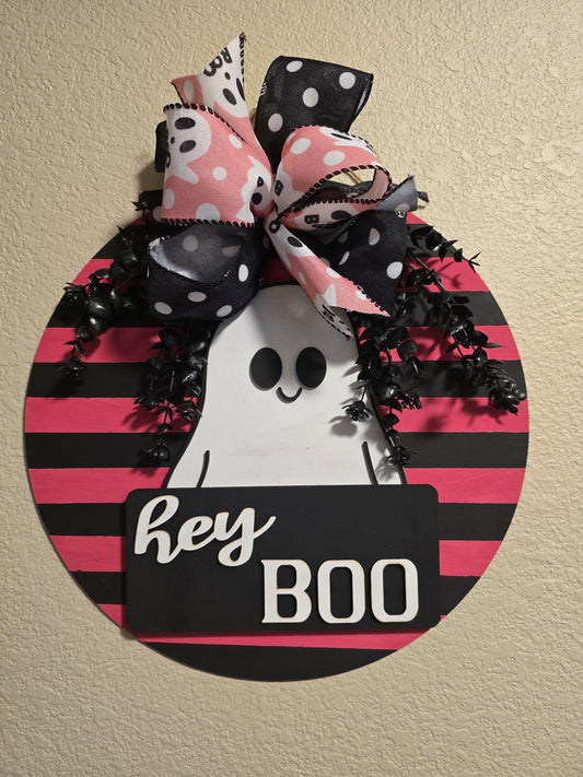 Hey Boo Halloween Door Hanger – 14” Wooden Ghost Sign