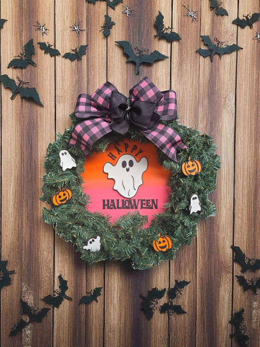 20" Halloween Wreath with Ghosts, Pumpkins, and Buffalo Plaid Bow