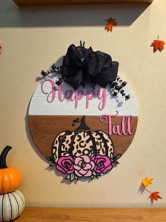 Happy Fall Wooden Door Hanger – 14” Round Sign with Leopard Pumpkin, Pink Roses & Black Bow