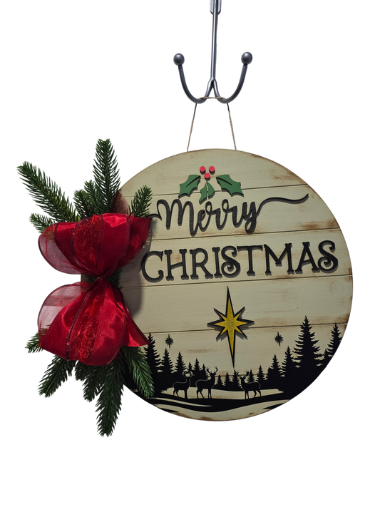 Merry Christmas Forest Round - 18" Rustic Wood Door Hanger with Evergreen & Bow – Handcrafted Holiday Decor