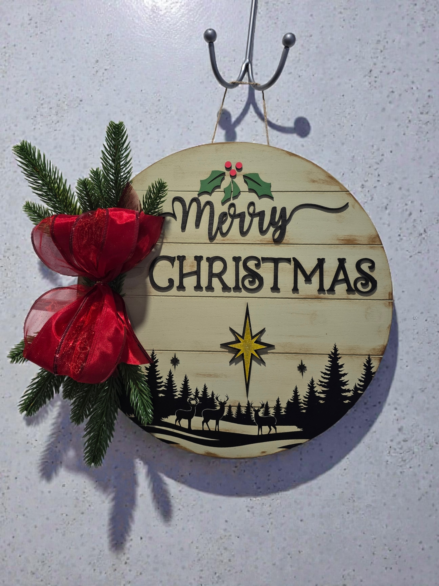 Merry Christmas Forest Round - 18" Rustic Wood Door Hanger with Evergreen & Bow – Handcrafted Holiday Decor