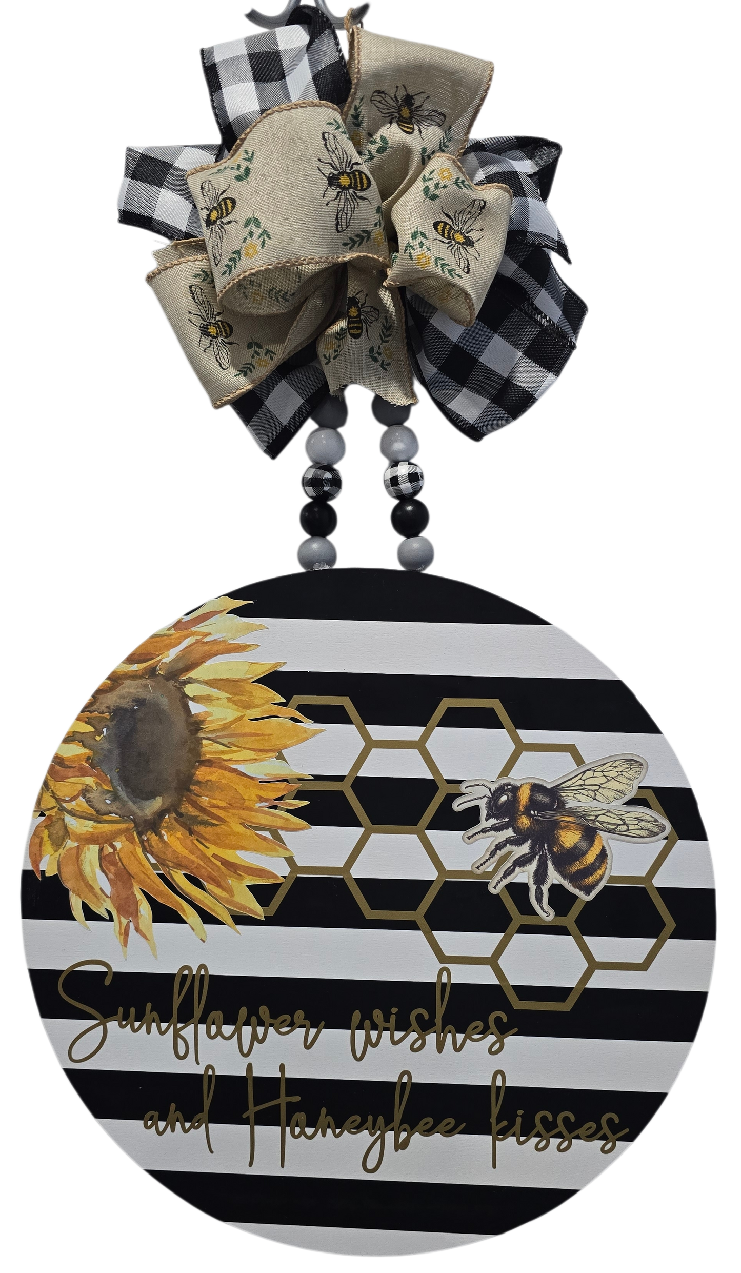 Sunflower Wishes & Honeybee Kisses Round Door Hanger – 14” Handmade Sign