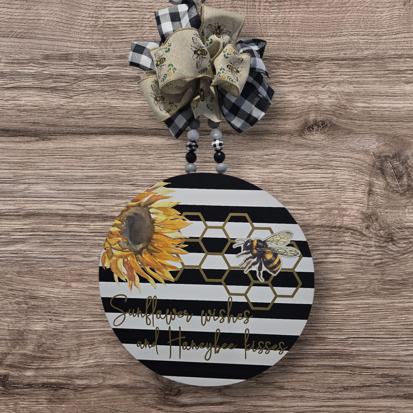 Sunflower Wishes & Honeybee Kisses Round Door Hanger – 14” Handmade Sign