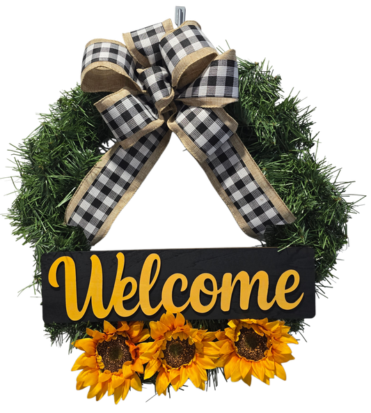 20" Sunflower Welcome Wreath with Buffalo Check Bow