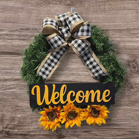 20" Sunflower Welcome Wreath with Buffalo Check Bow