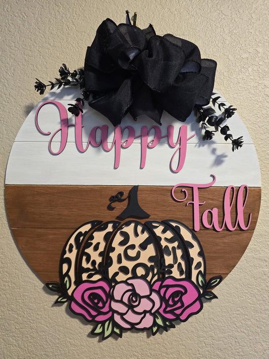 Happy Fall Wooden Door Hanger – 14” Round Sign with Leopard Pumpkin, Pink Roses & Black Bow